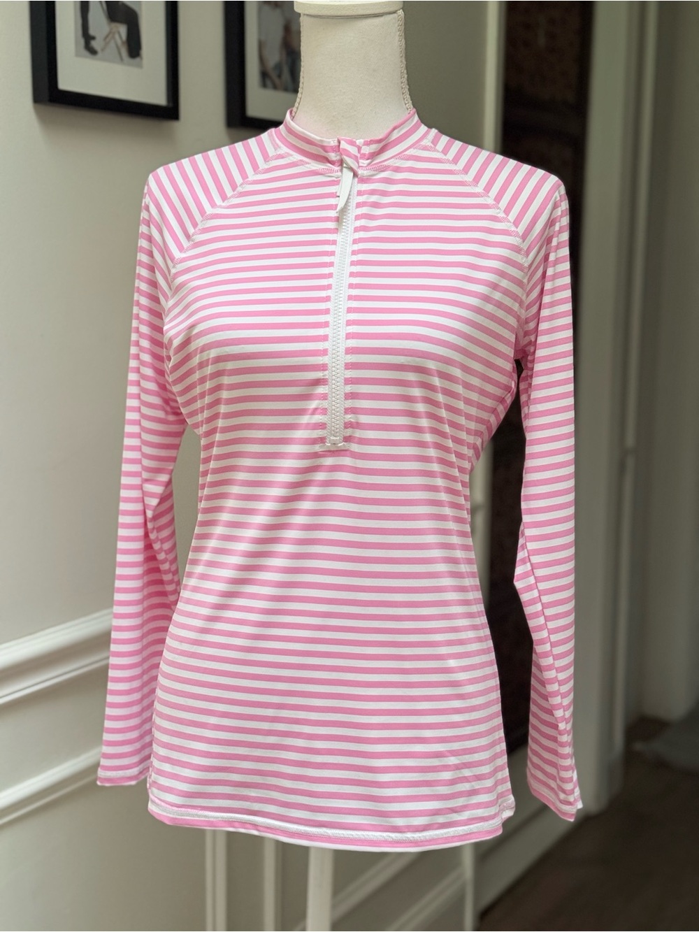 J.McLaughlin McKenzie Rash Guard Sz L Pink White Stripe 1/4 Zip Long Sleeve NWOT